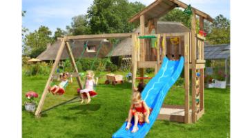 Legetårn Chalet 2.1, inkl. Swing modul, 120 kg sand, blå rutschebane